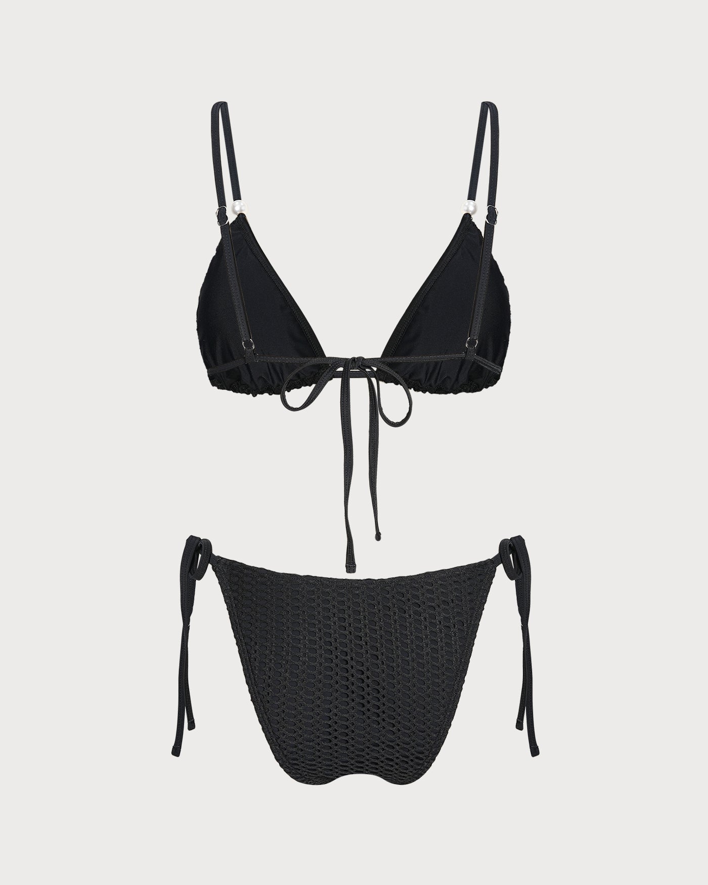 Black V Neck Textured Drawstring Bikini Set