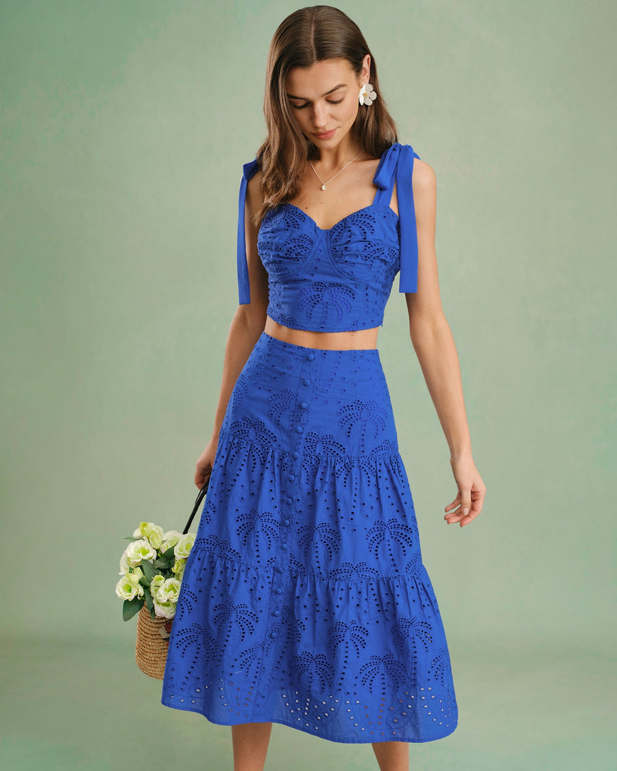 Blue Sweetheart Neck Embroidery Cami Top