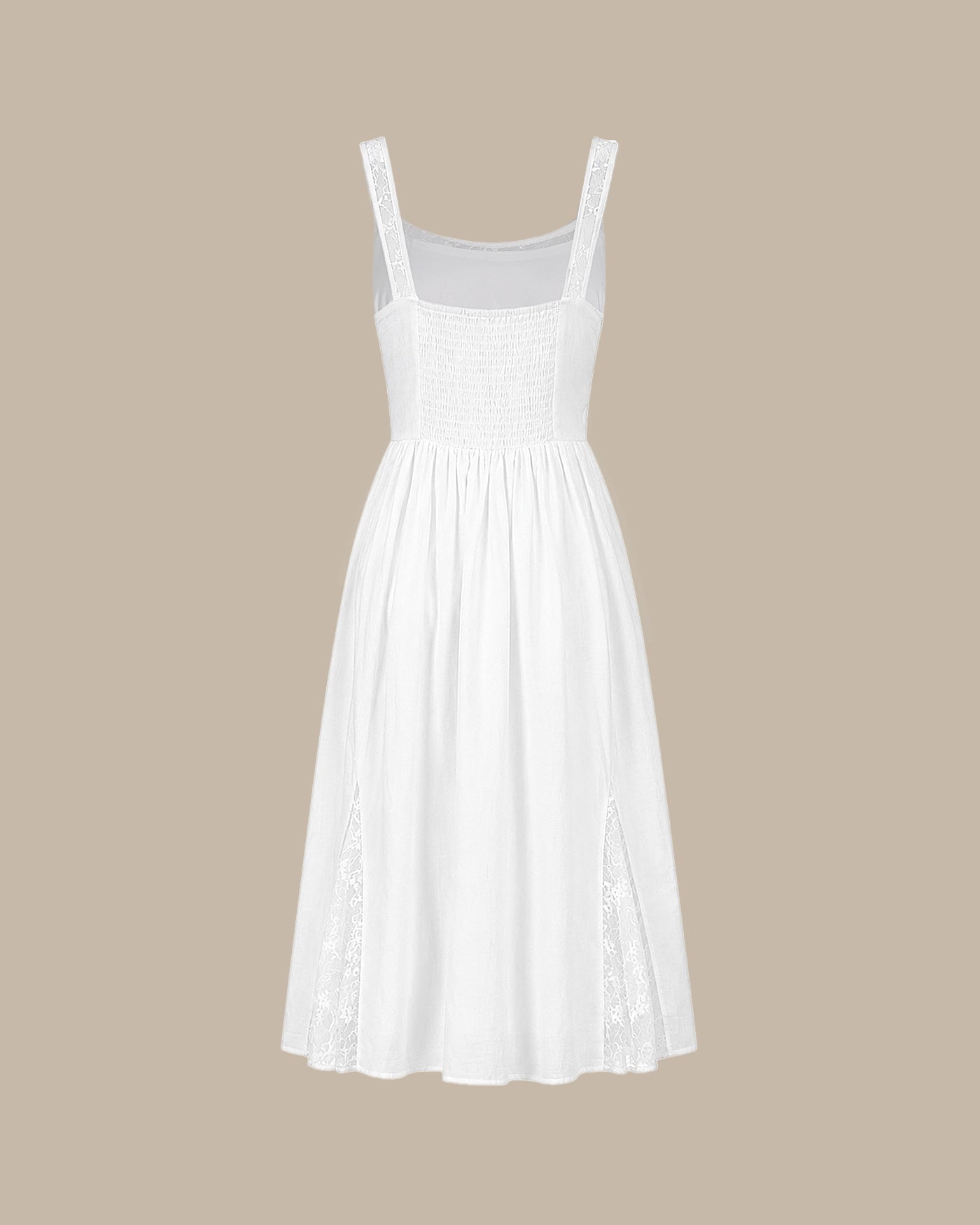 White Lace Splicing Shirred Midi Dress