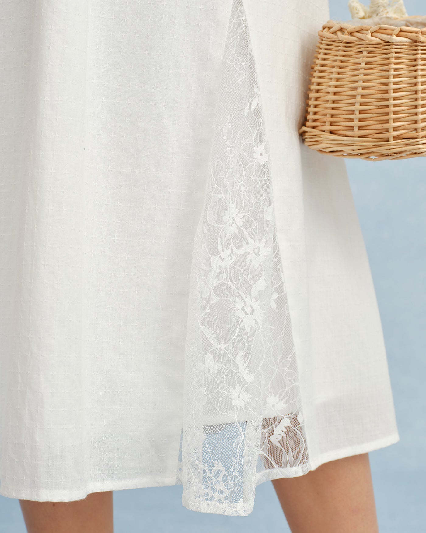 White Lace Splicing Shirred Midi Dress