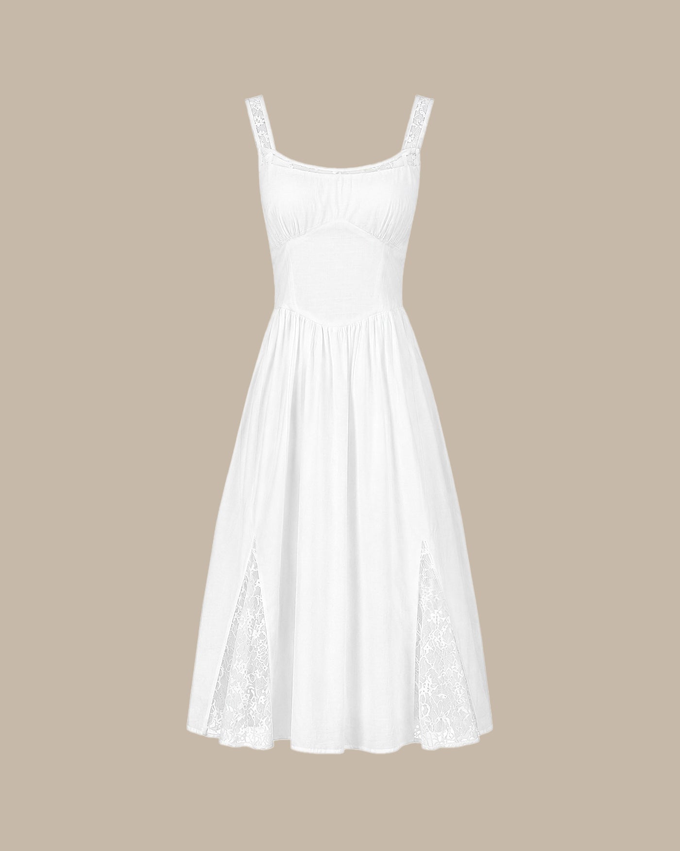 White Lace Splicing Shirred Midi Dress