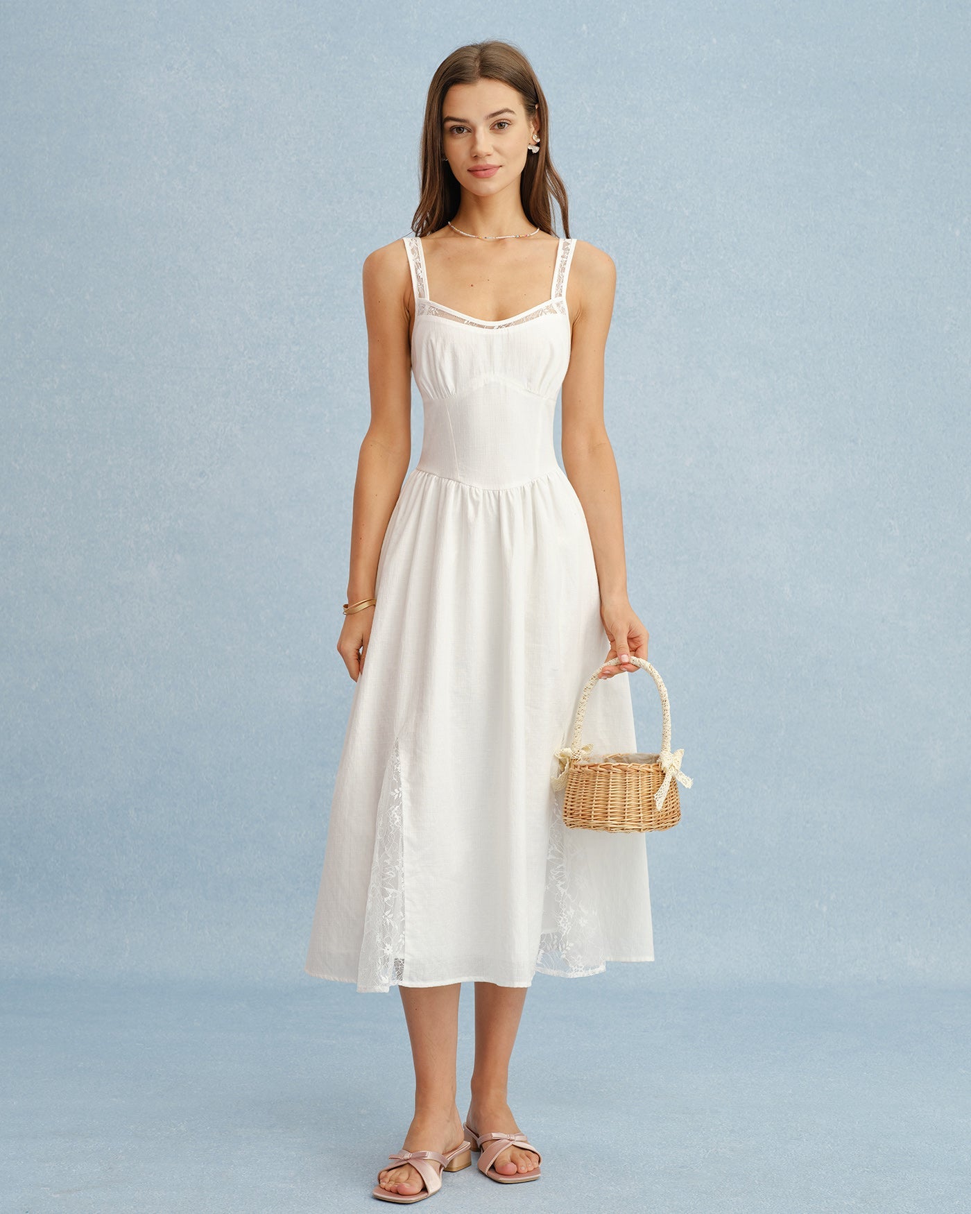 White Lace Splicing Shirred Midi Dress