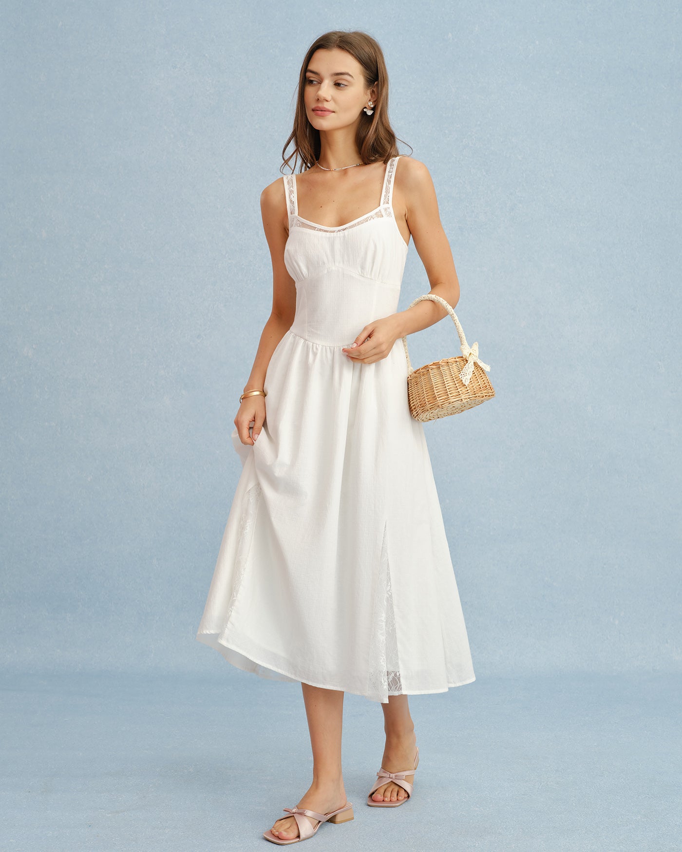 White Lace Splicing Shirred Midi Dress