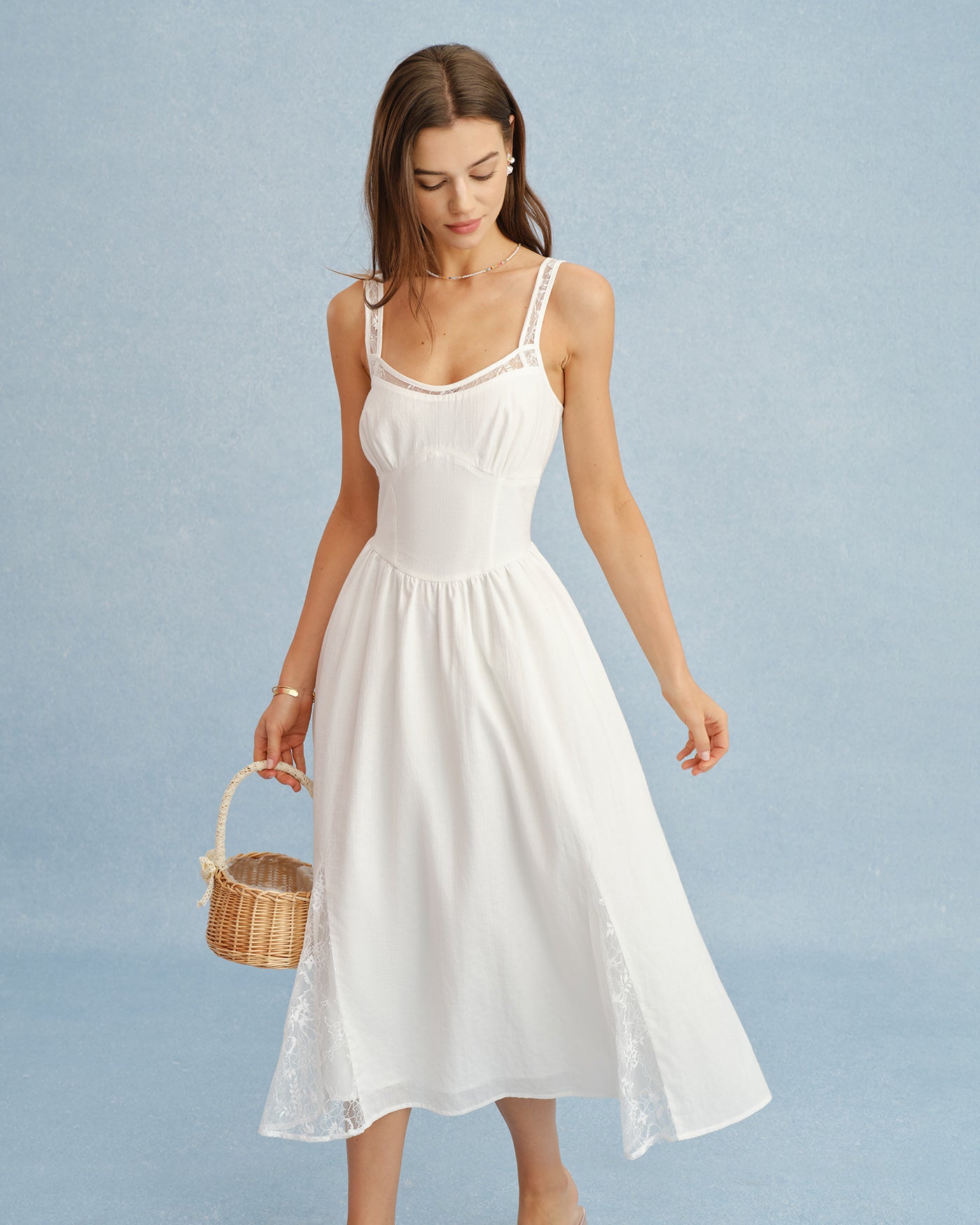 White Lace Splicing Shirred Midi Dress