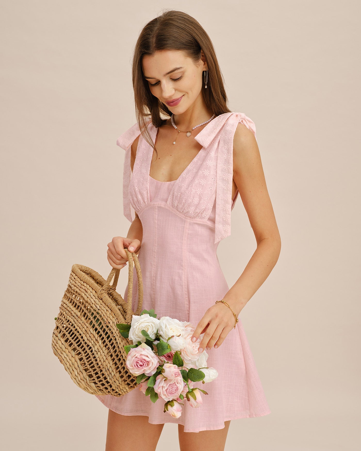 Pink Embroidery Splicing Mini Dress
