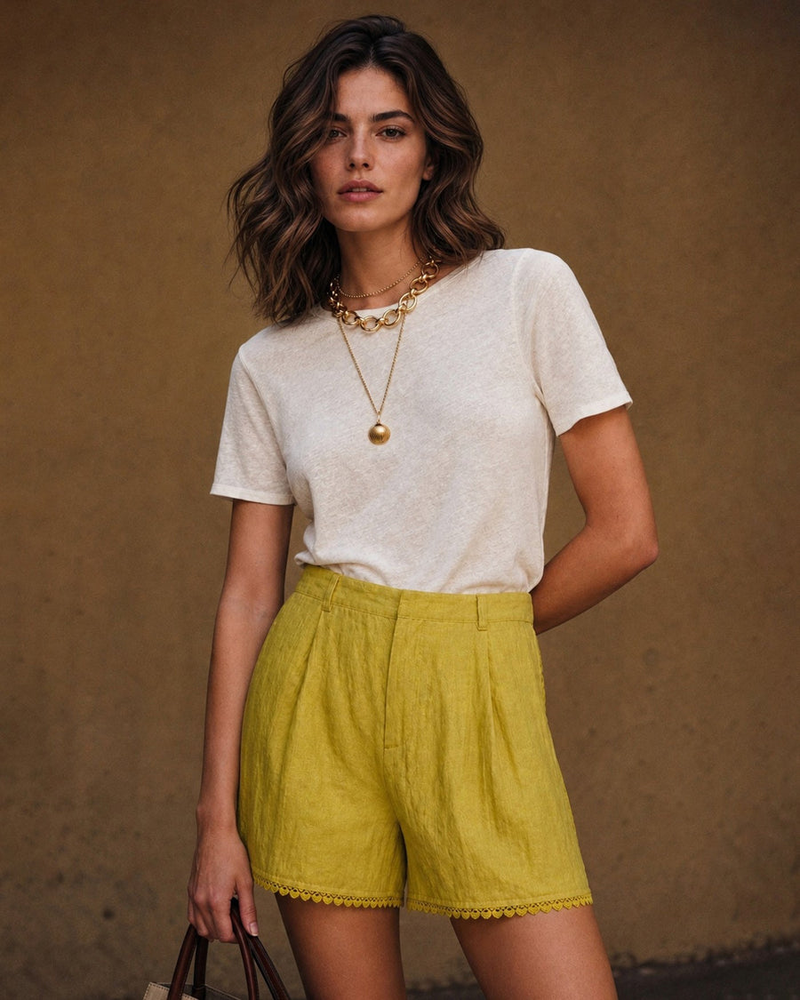 Yellow Solid Lace Pockets Shorts