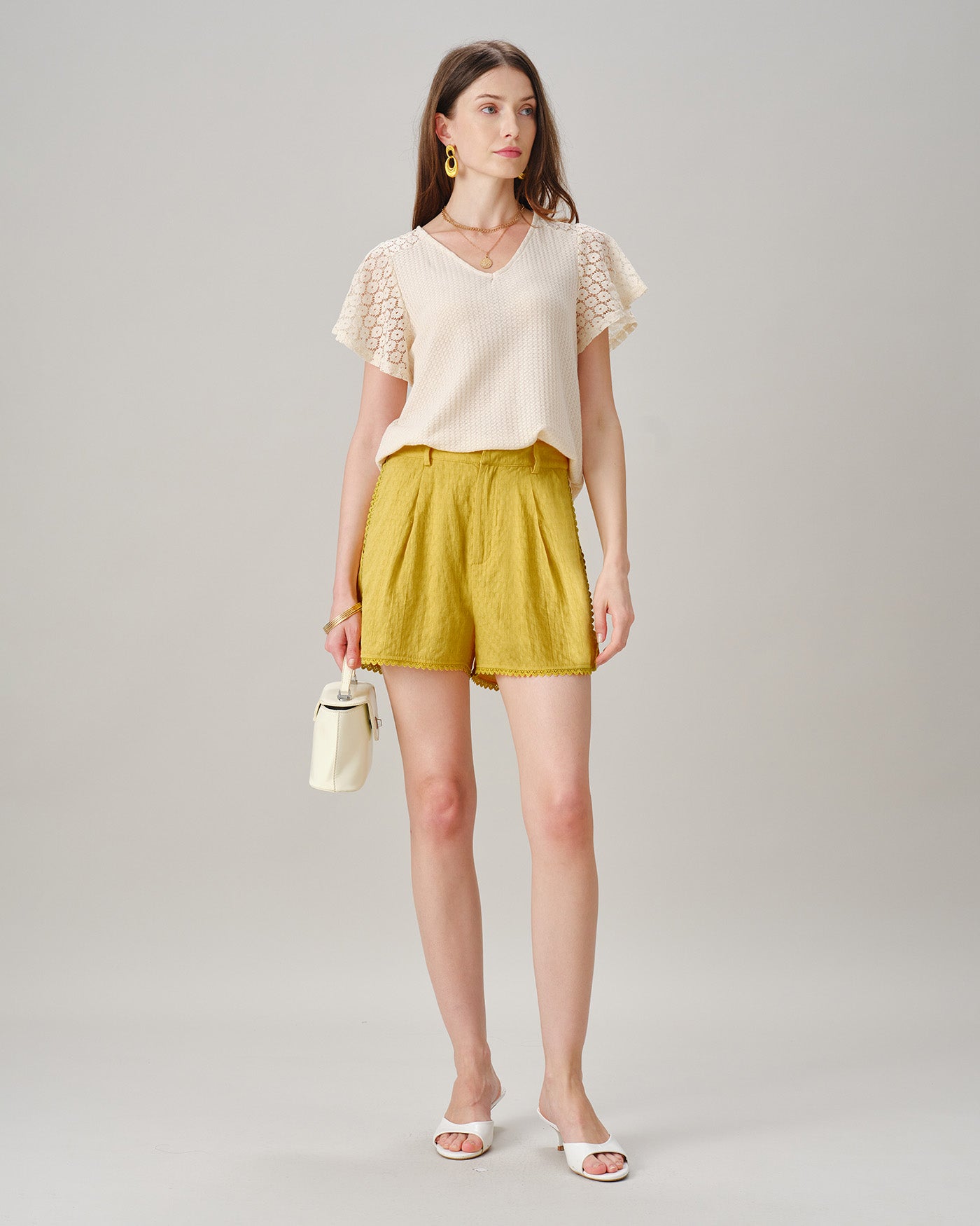 Yellow Solid Lace Pockets Shorts