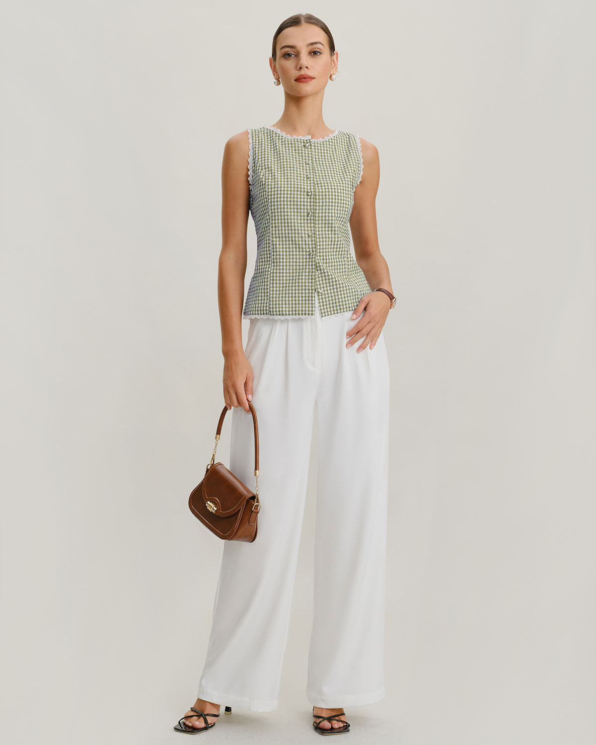 Light Green Boat Neck Plaid Tank Top