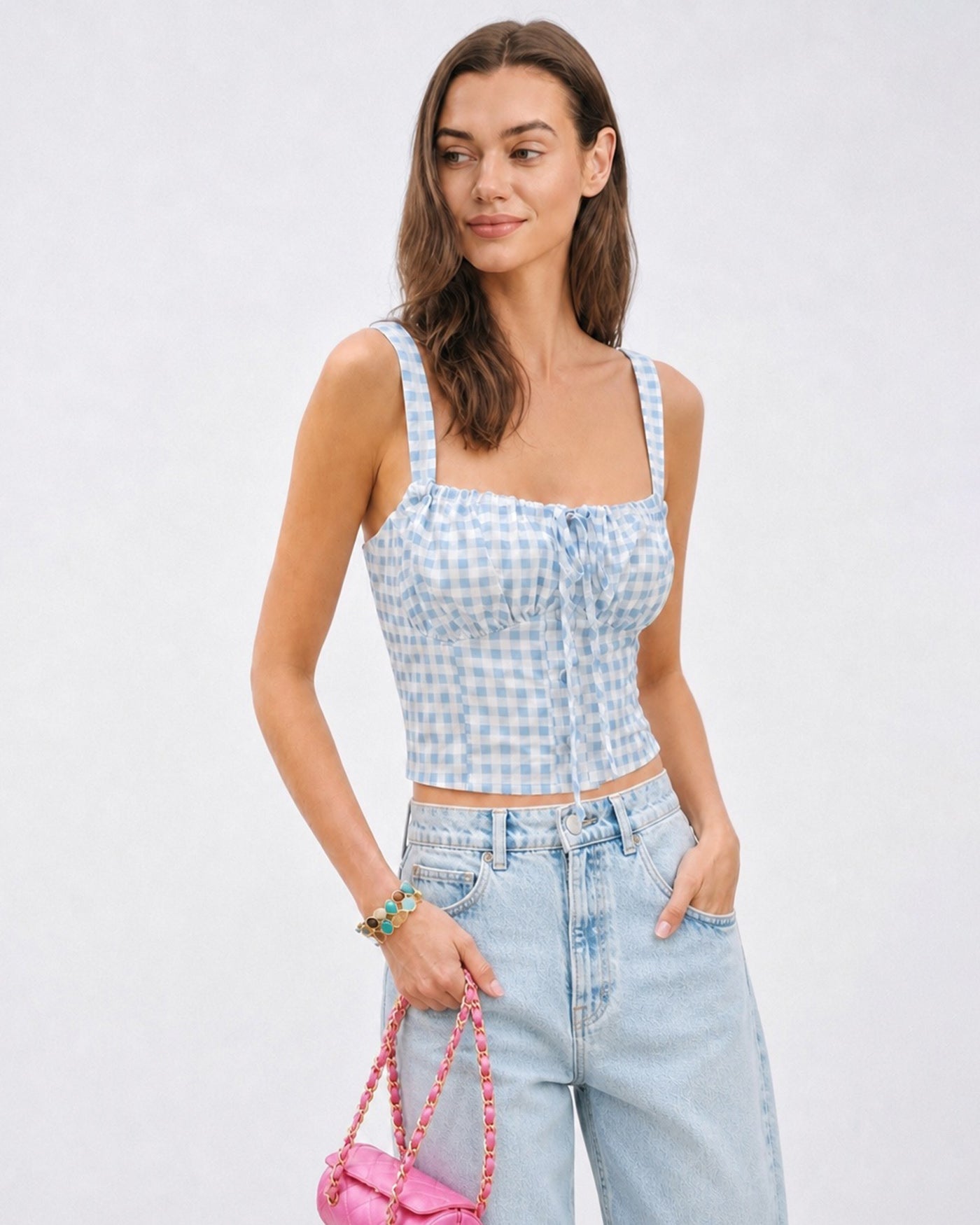 Blue X Cross Tie Plaid Cami Top