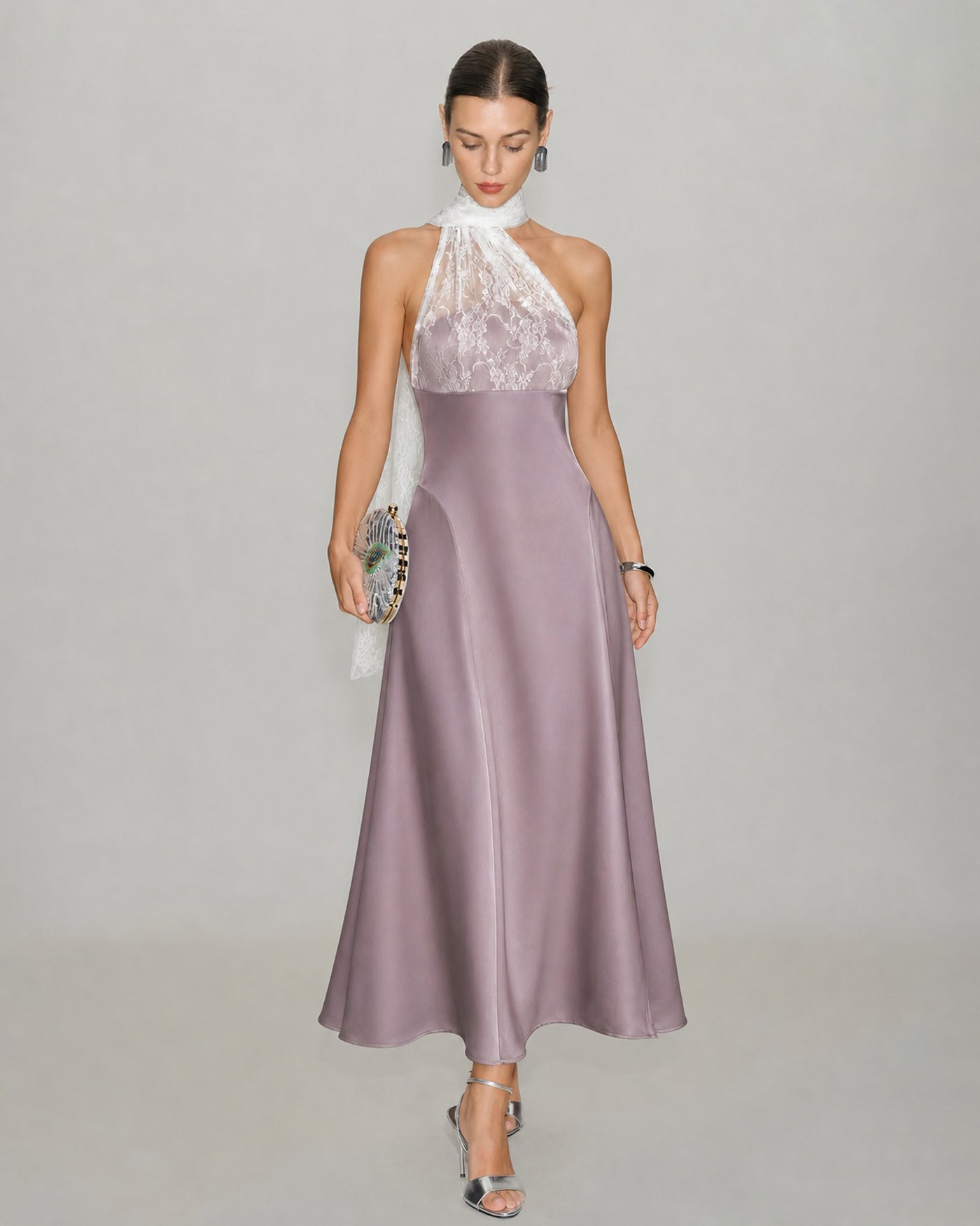 Pink One Shoulder Lace Splicing Maxi Dress