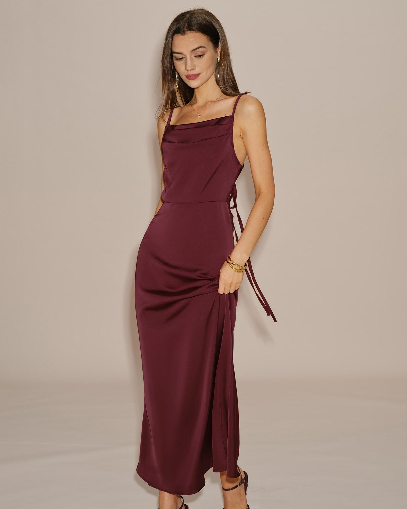Wine Red Solid Tie Slip Maxi Dress