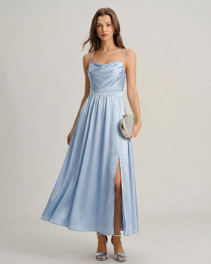 Blue Satin Ruched Slip Maxi Dress