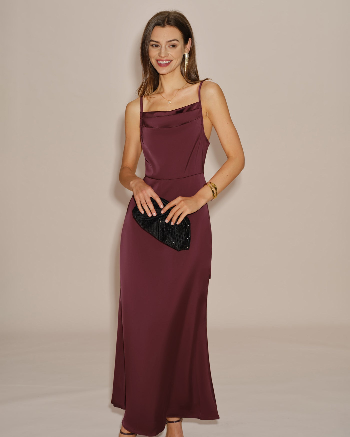 Wine Red Solid Tie Slip Maxi Dress