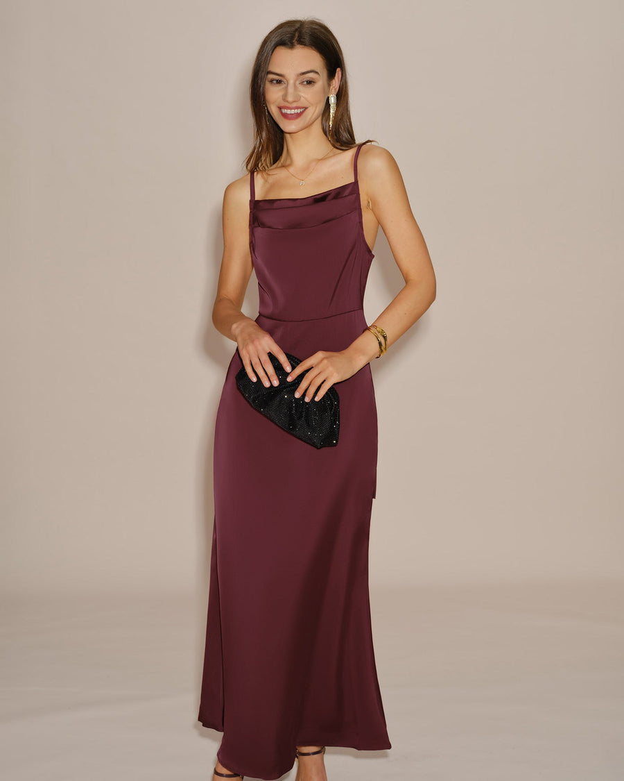 Wine Red Solid Tie Slip Maxi Dress