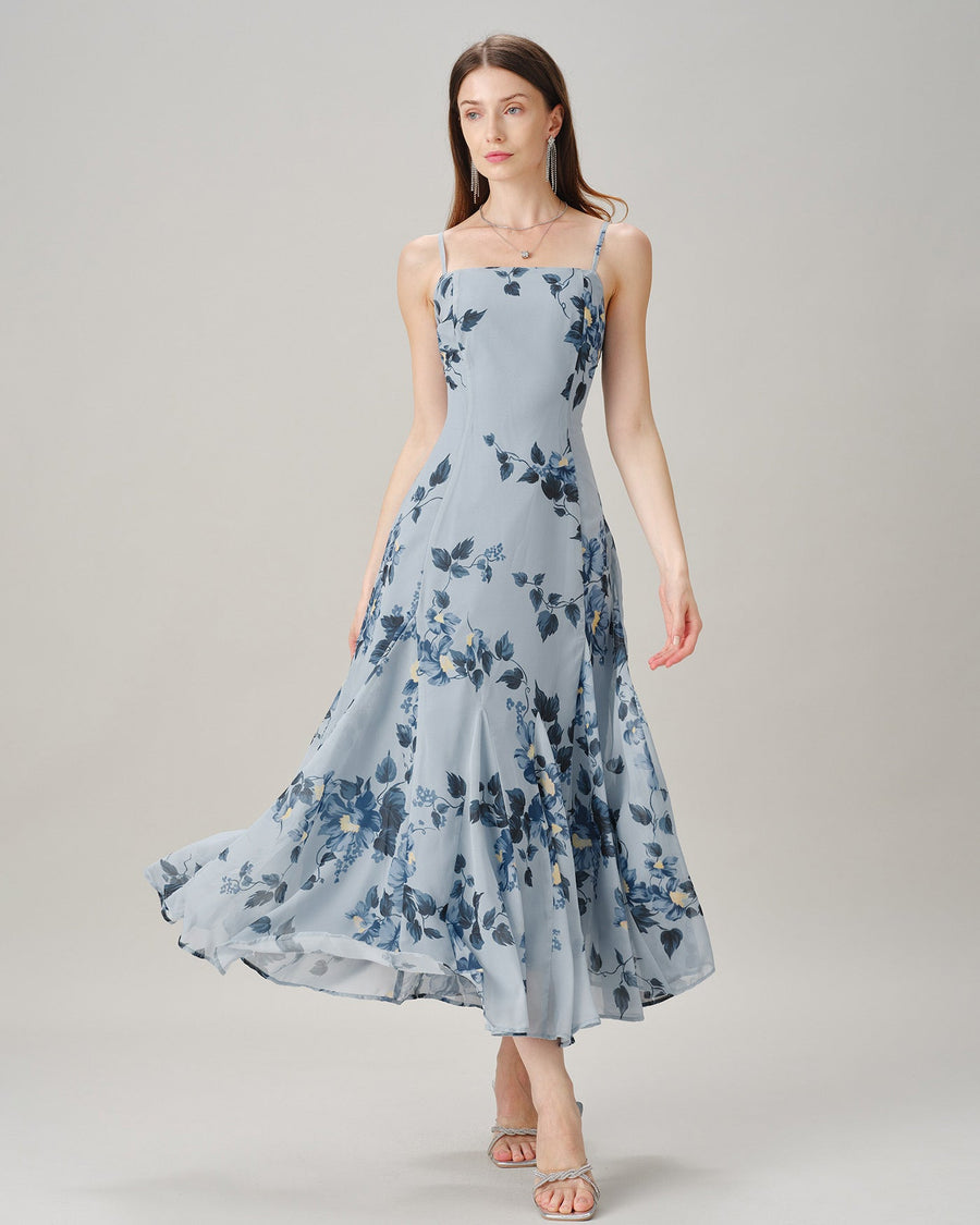 Blue Sleeveless Floral Chiffon Maxi Dress