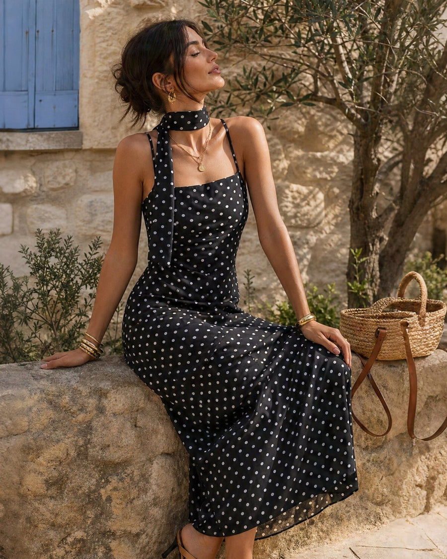 Black Polka Dot Cowl Neck Slip Maxi Dress