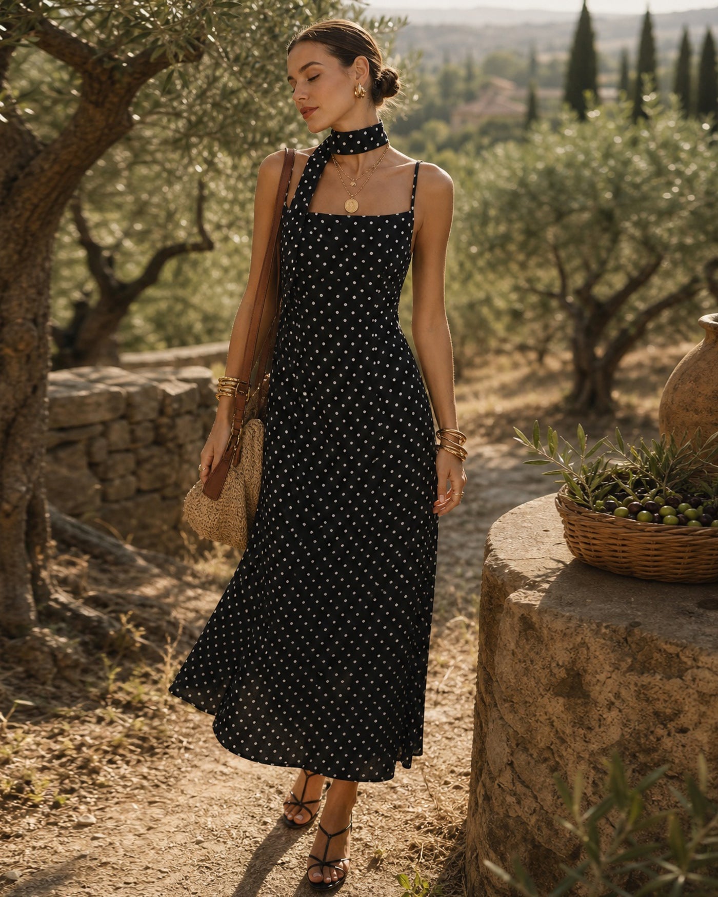 Black Polka Dot Cowl Neck Slip Maxi Dress
