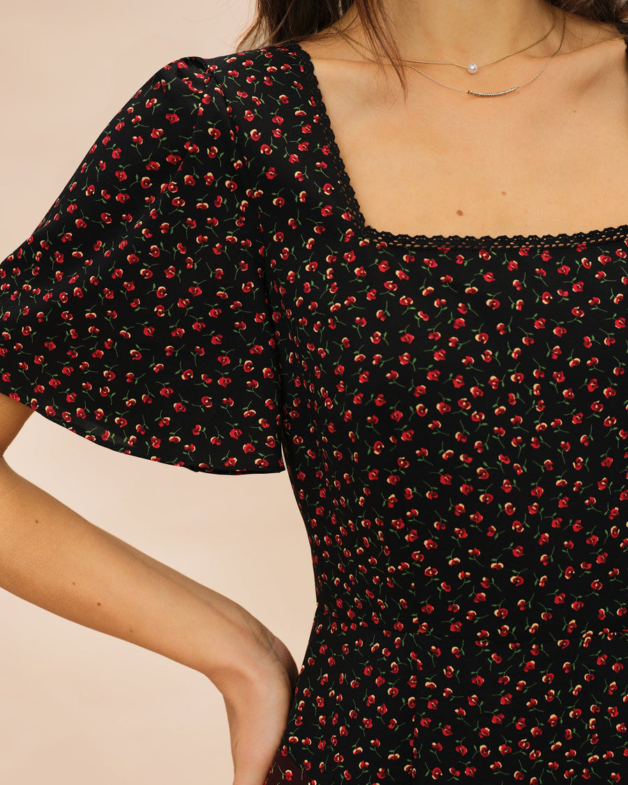 Black Square Neck Butterfly Sleeve Floral Midi Dress