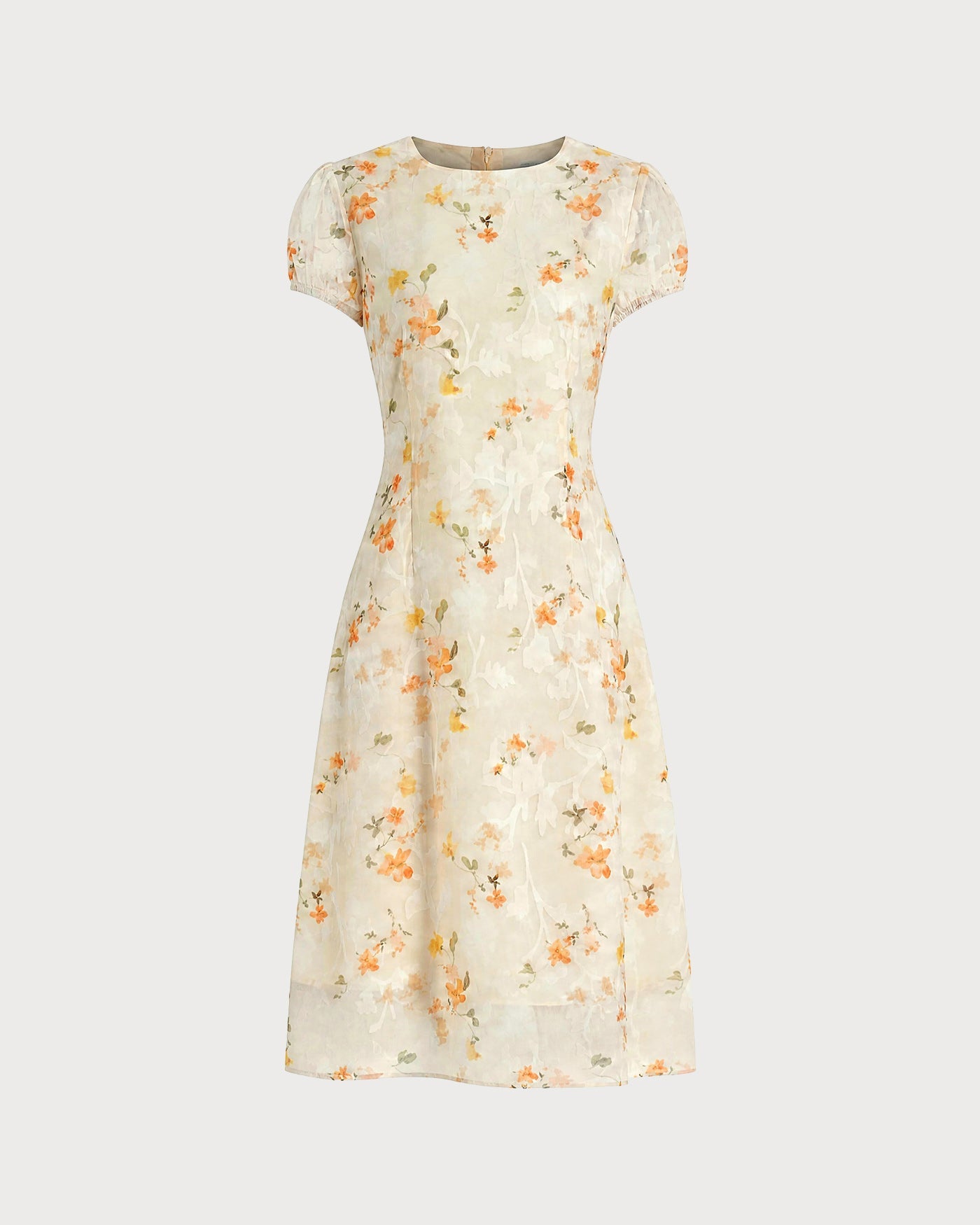 Yellow Puffed Sleeve Jacquard Midi Dress