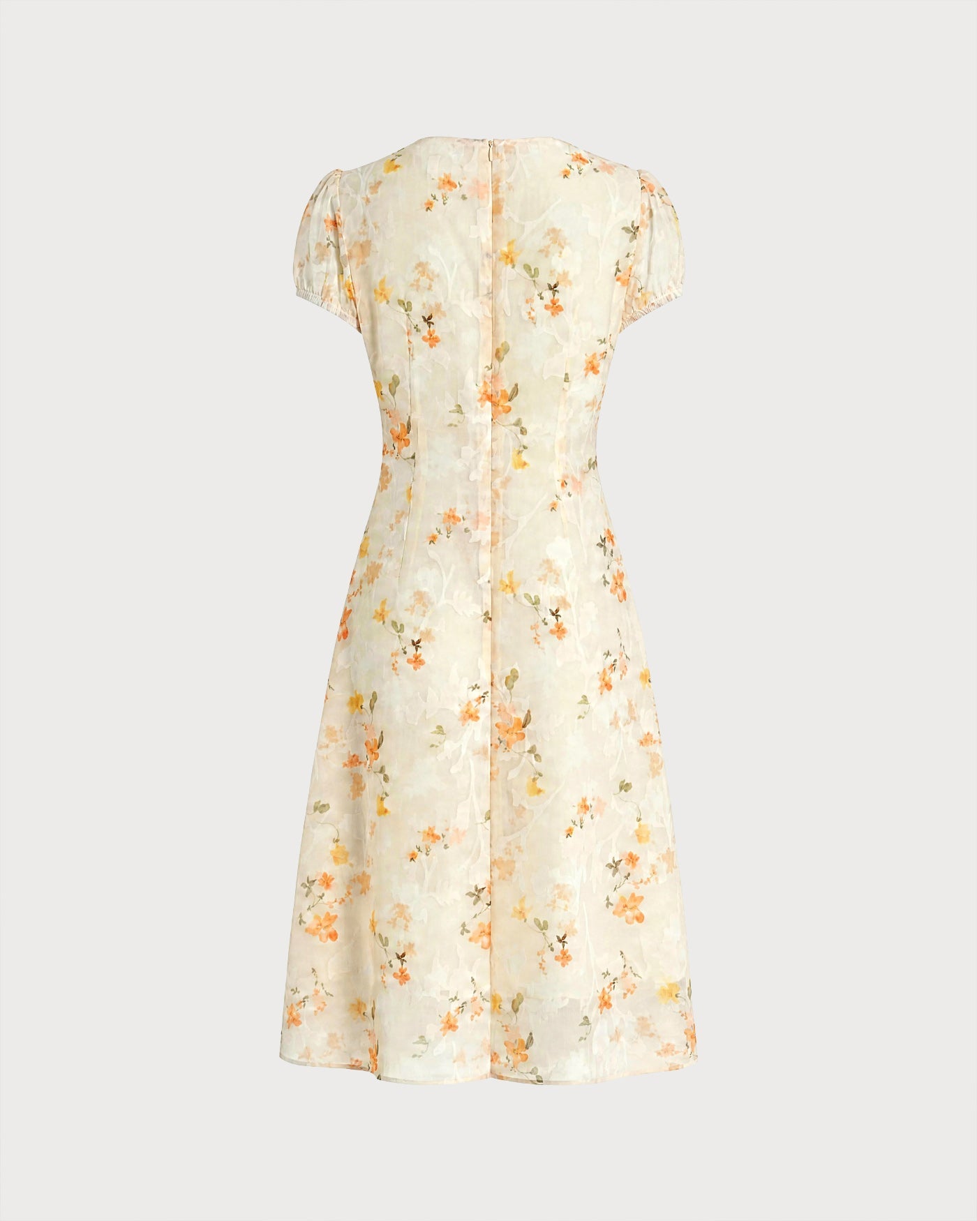 Yellow Puffed Sleeve Jacquard Midi Dress