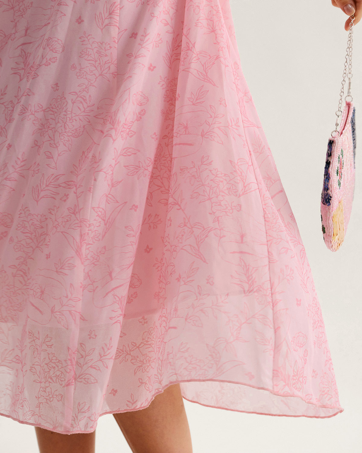 Pink Square Neck Ruffle Midi Dress