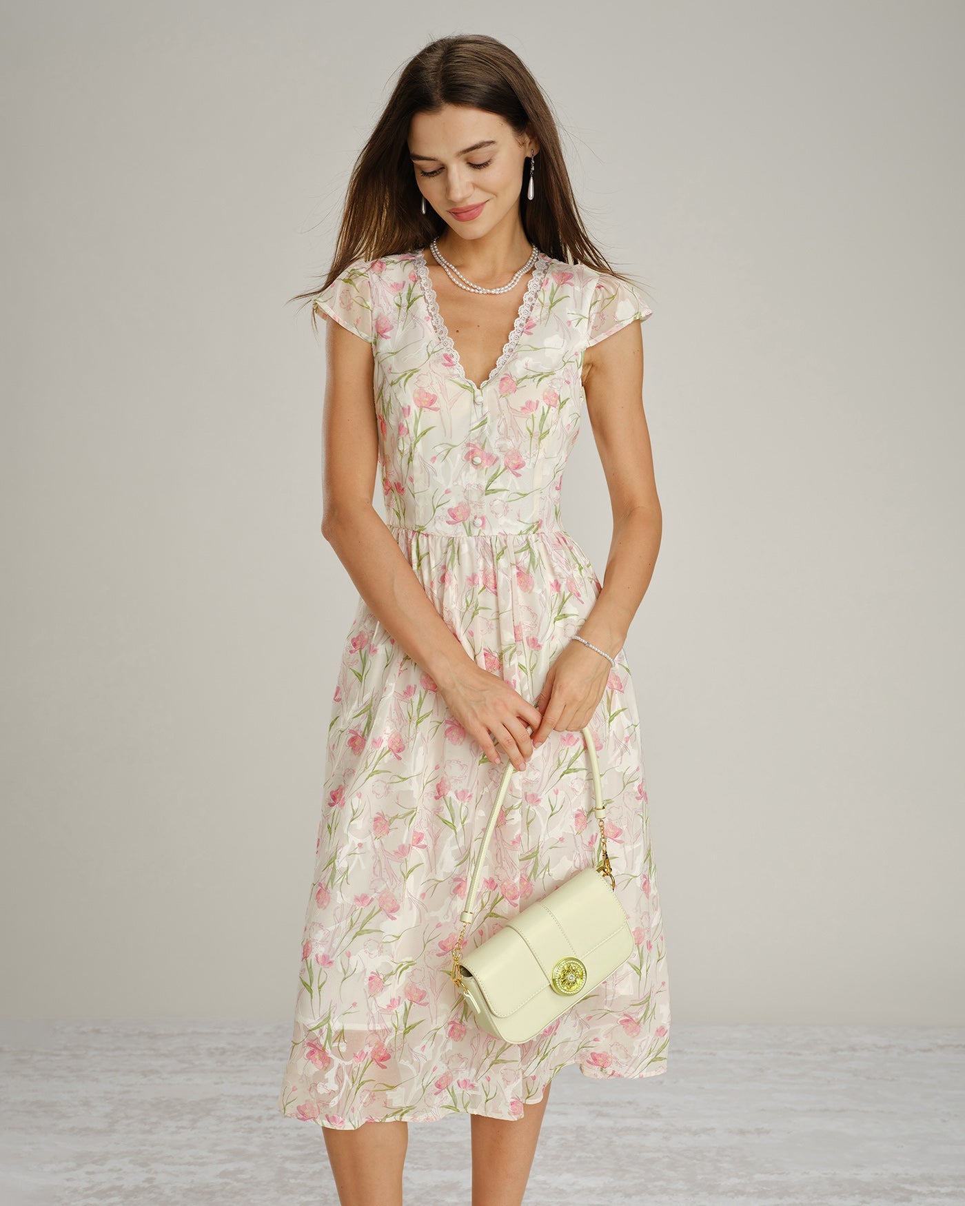 Pink V Neck Lace Floral Midi Dress