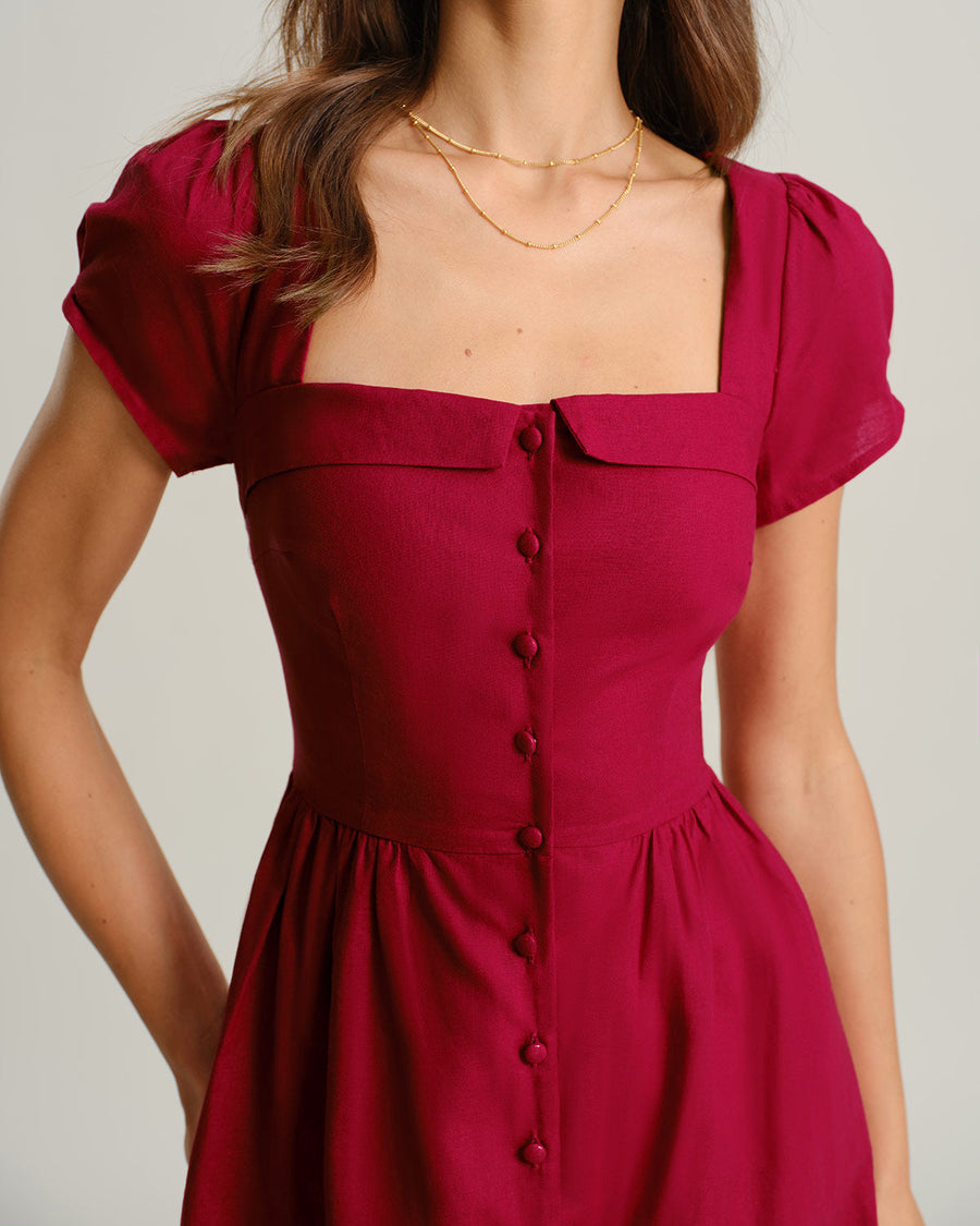Wine Red Square Neck A-Line Midi Dress