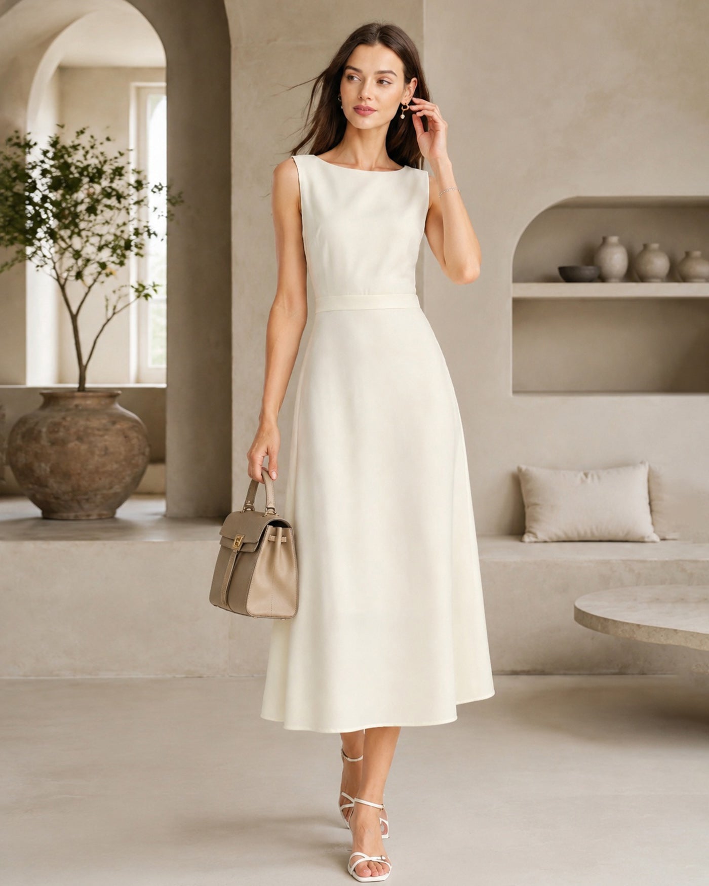 Apricot Boat Neck Pearl Satin Midi Dress