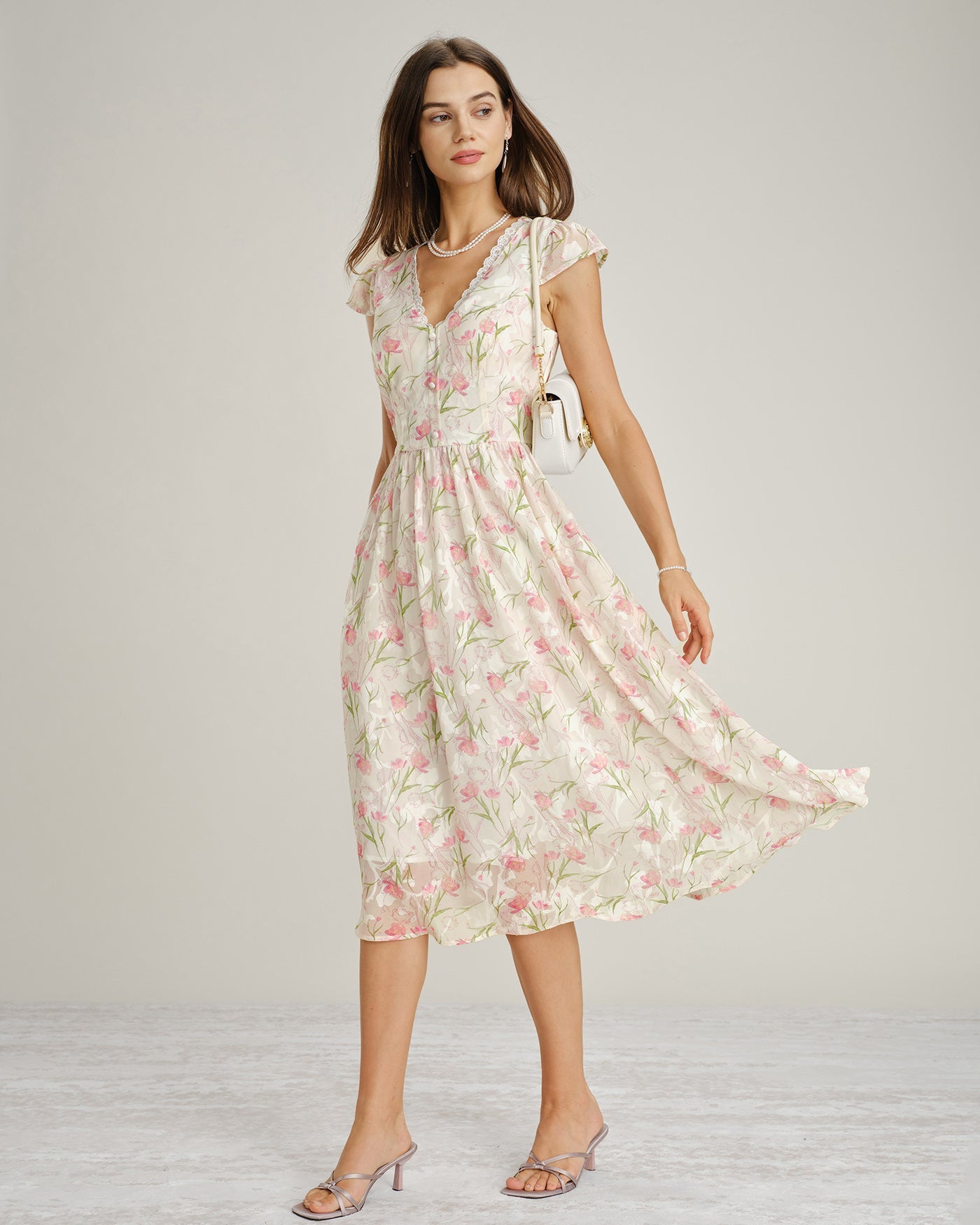 Pink V Neck Lace Floral Midi Dress