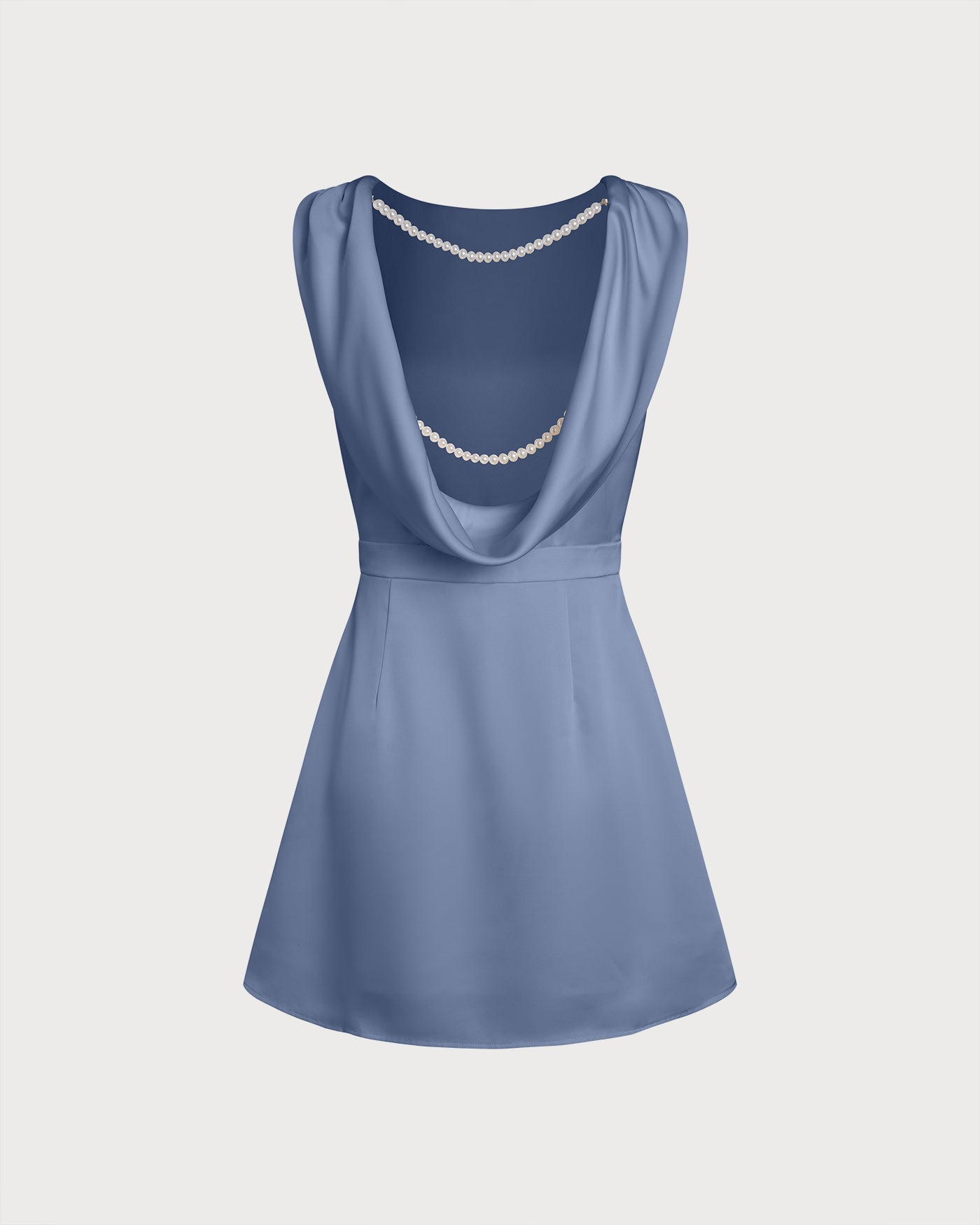 Blue Boat Neck Pearl Satin Mini Dress
