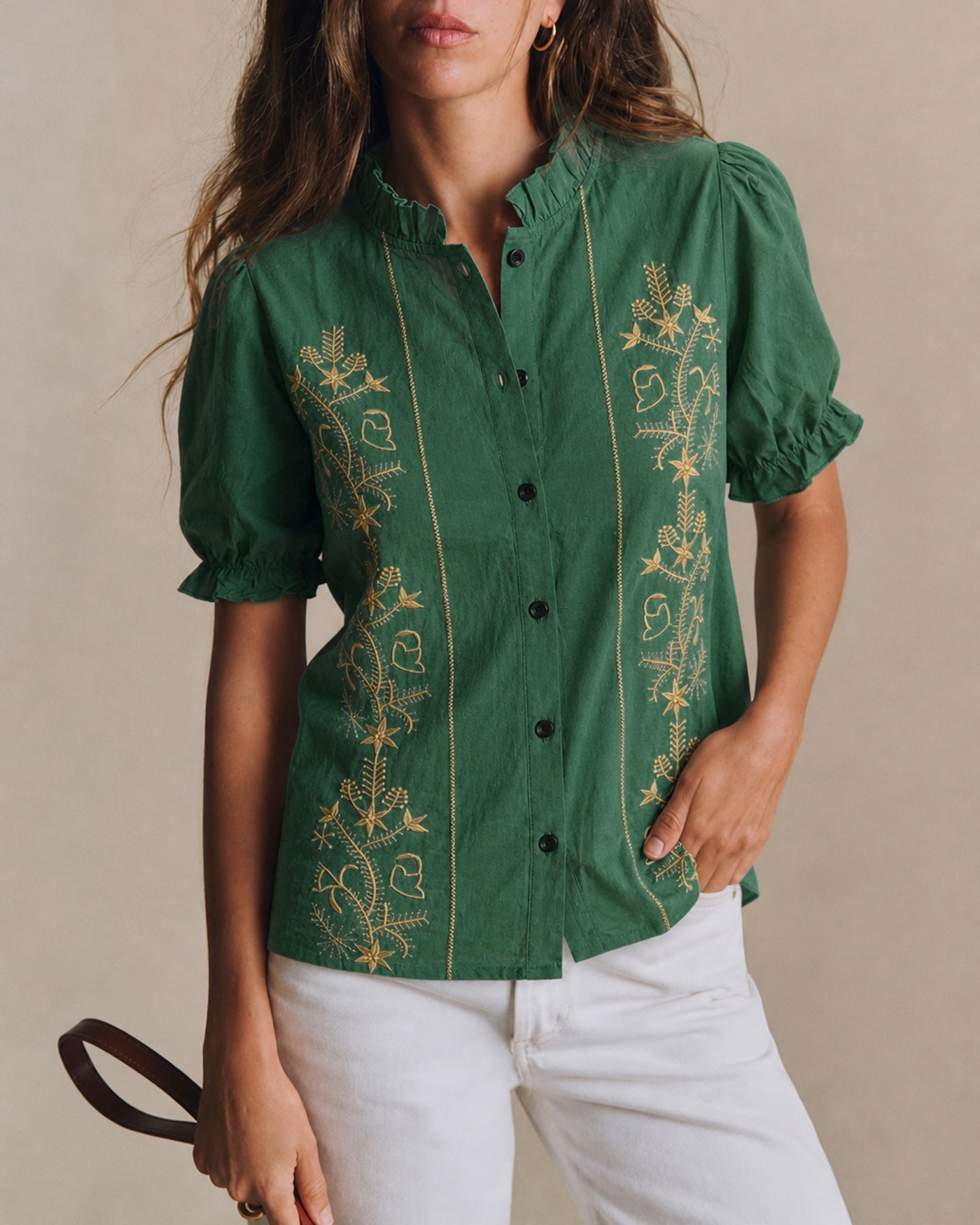 Green Puffed Sleeve Floral Shirt