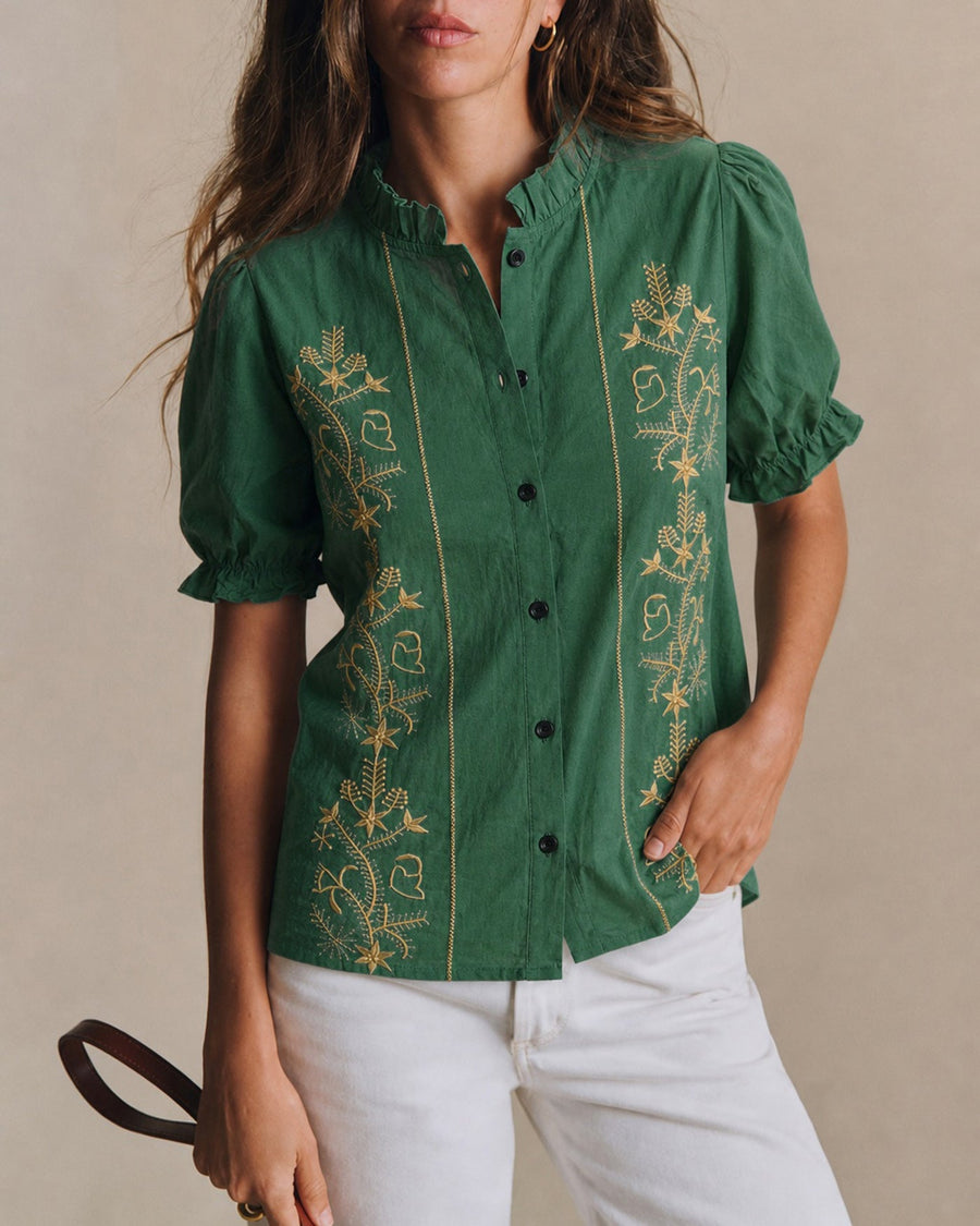 Green Puffed Sleeve Floral Shirt