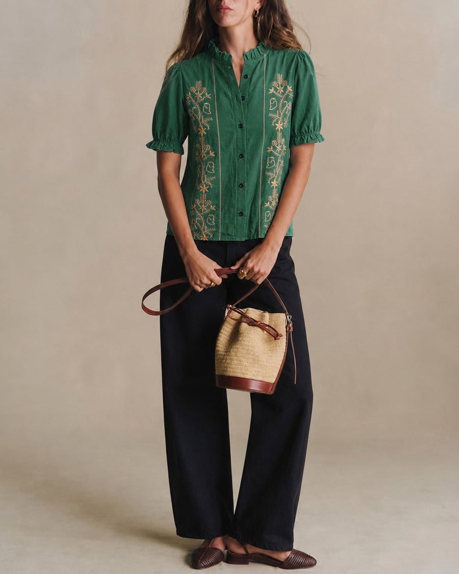 Green Puffed Sleeve Floral Shirt