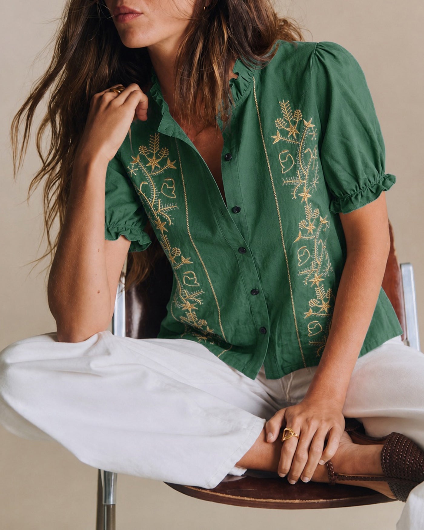 Green Puffed Sleeve Floral Shirt