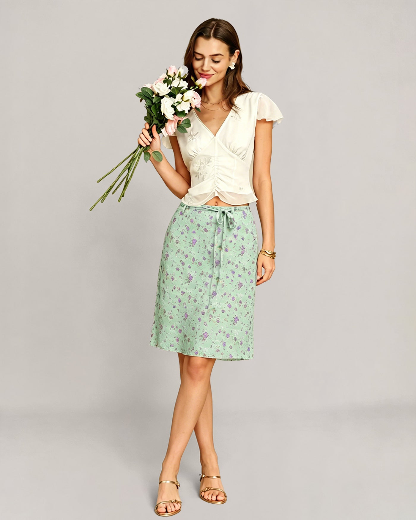 Green Floral Tie Straight Skirt