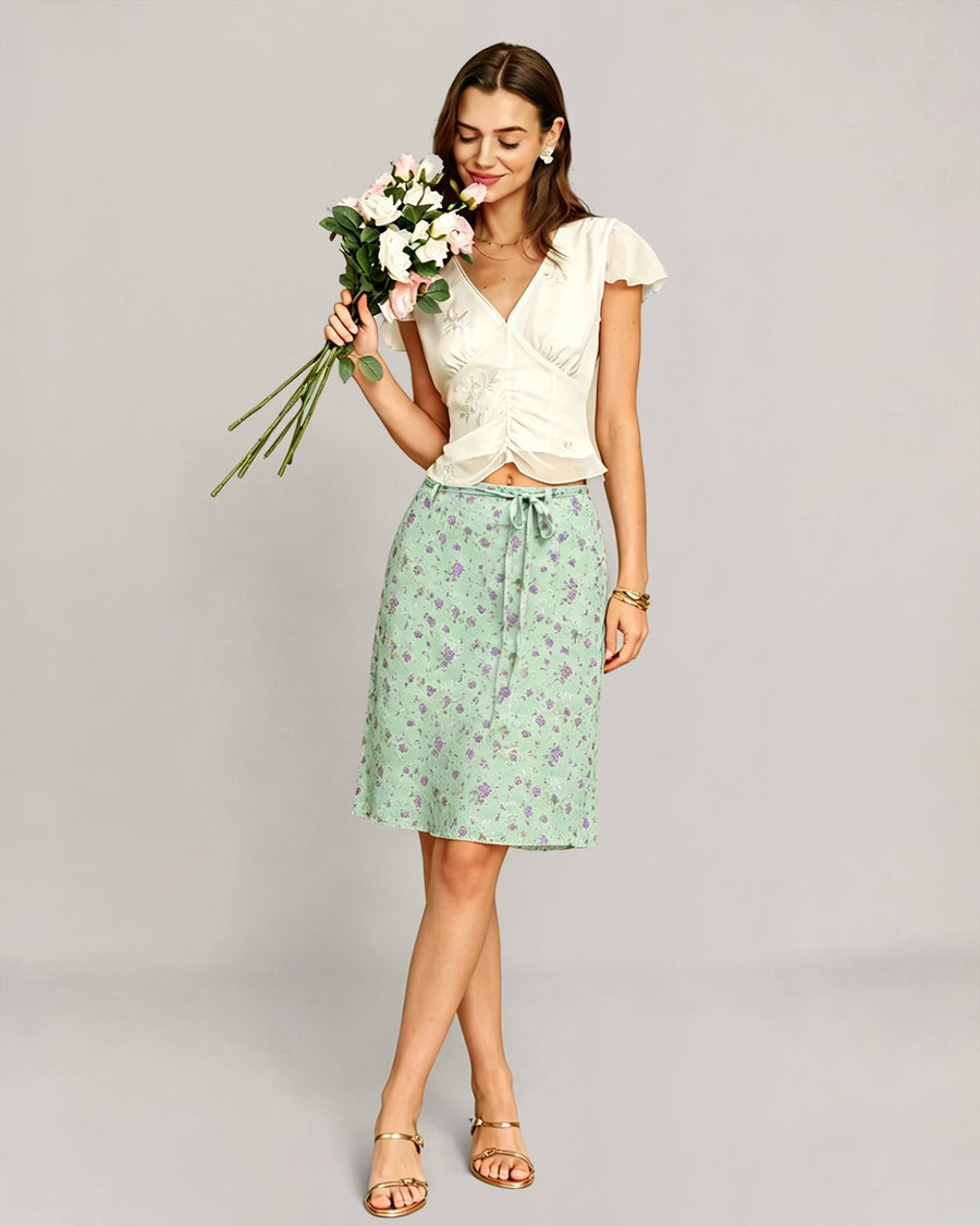 Green Floral Tie Straight Skirt