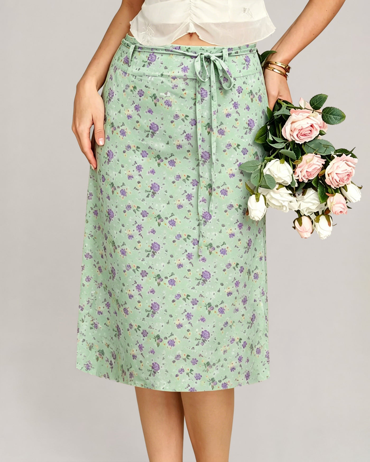 Green Floral Tie Straight Skirt
