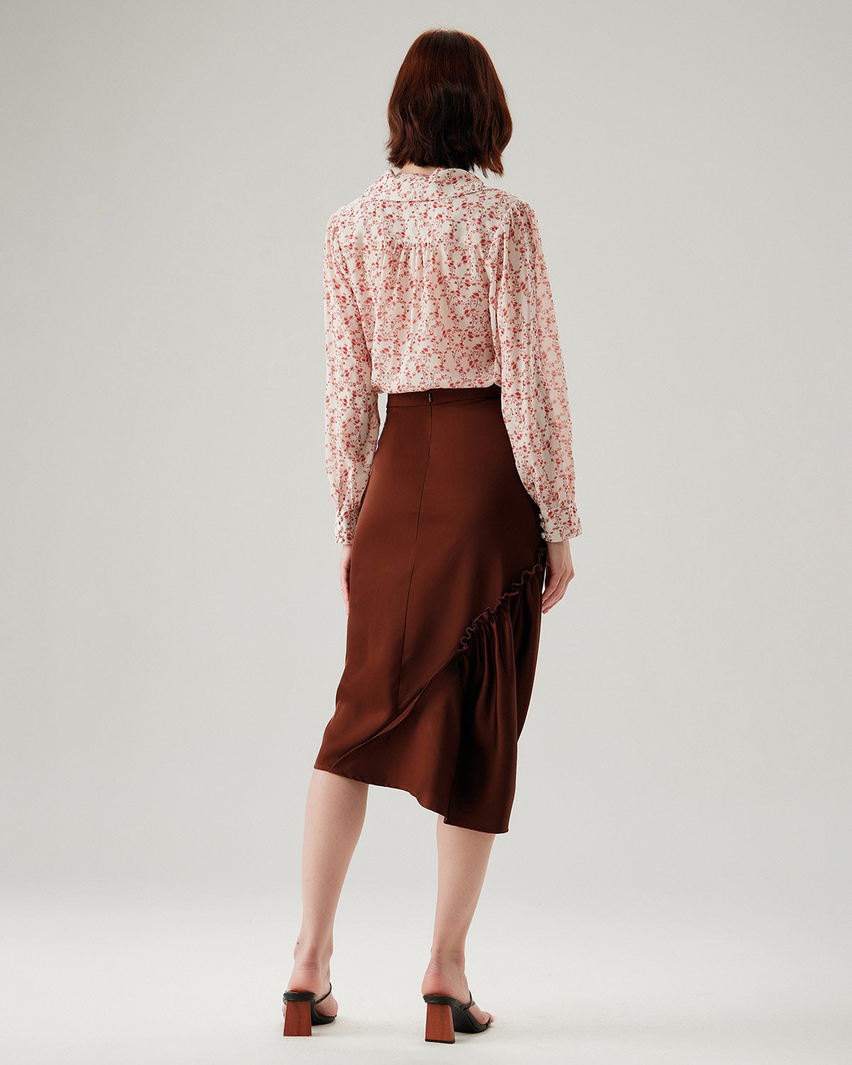 Coffee Ruched Pencil Midi Skirt
