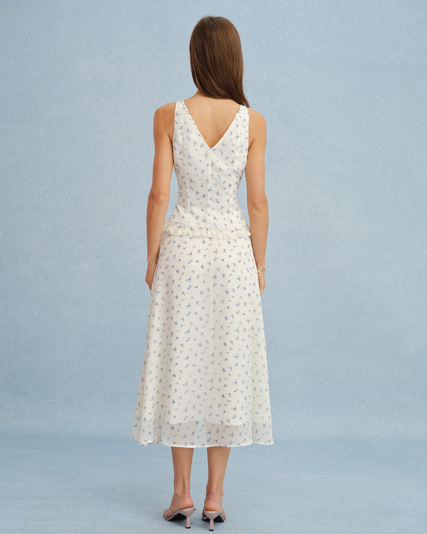 Beige Floral Chiffon Midi Skirt