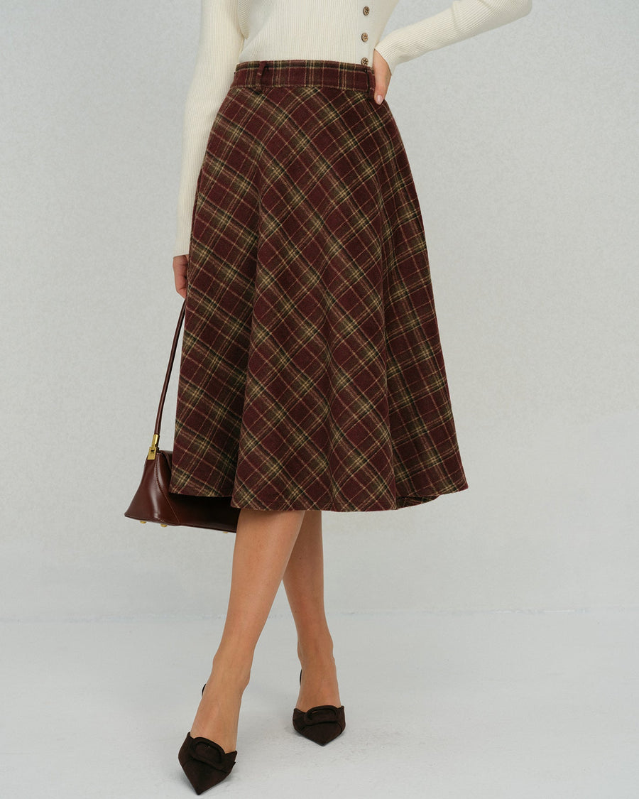 Red Plaid Floral Midi Skirt
