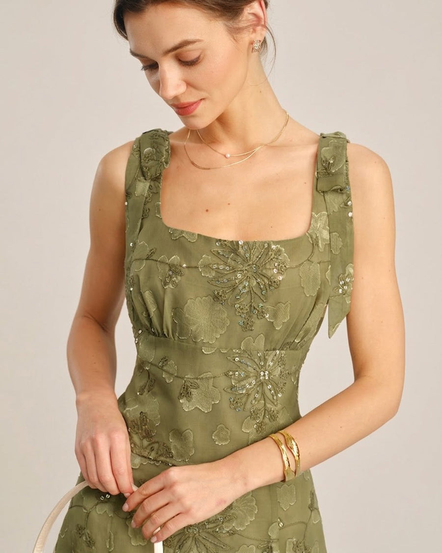 Green Square Neck Jacquard Tank Top
