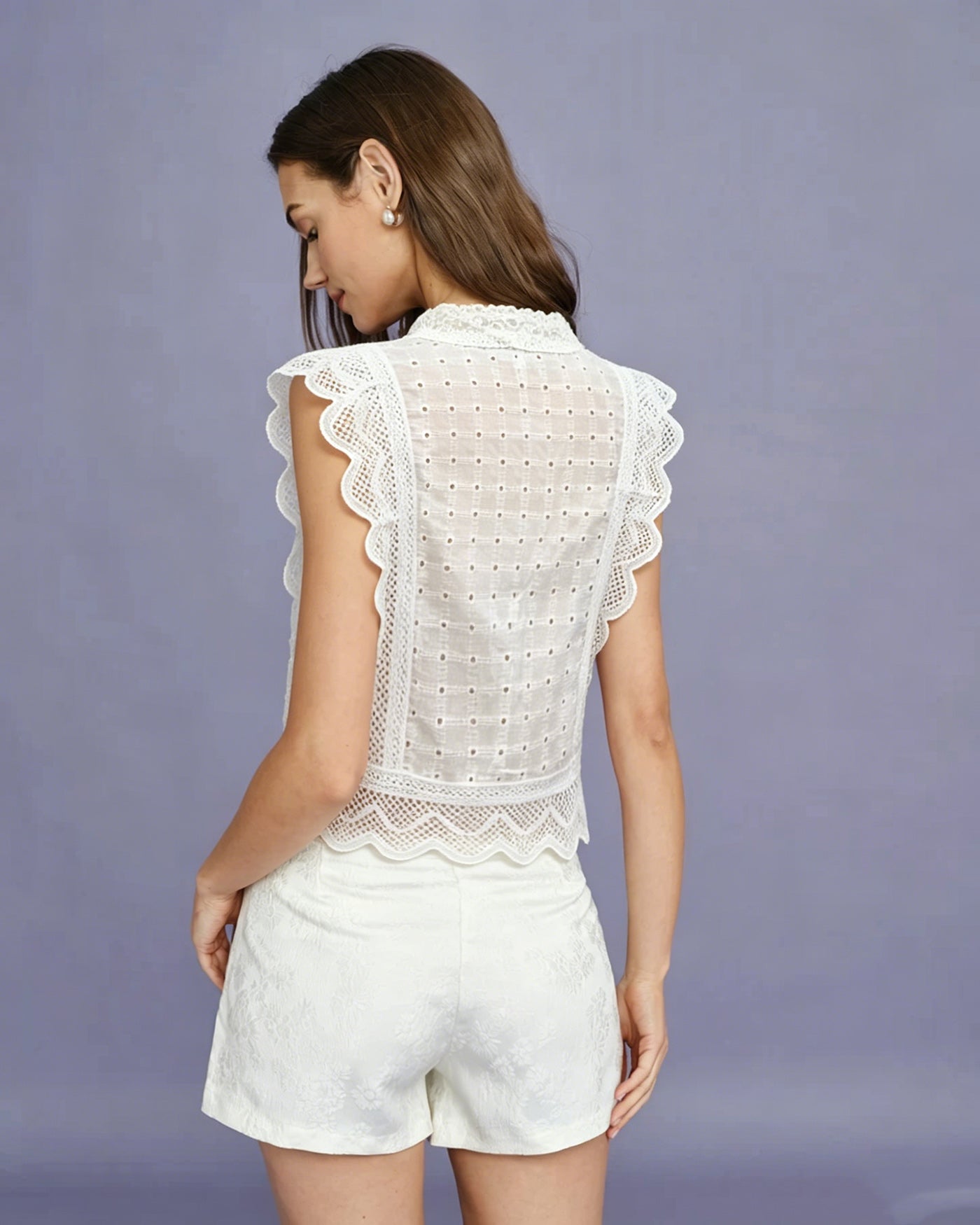 White Collar Cut Out Button Tank Top
