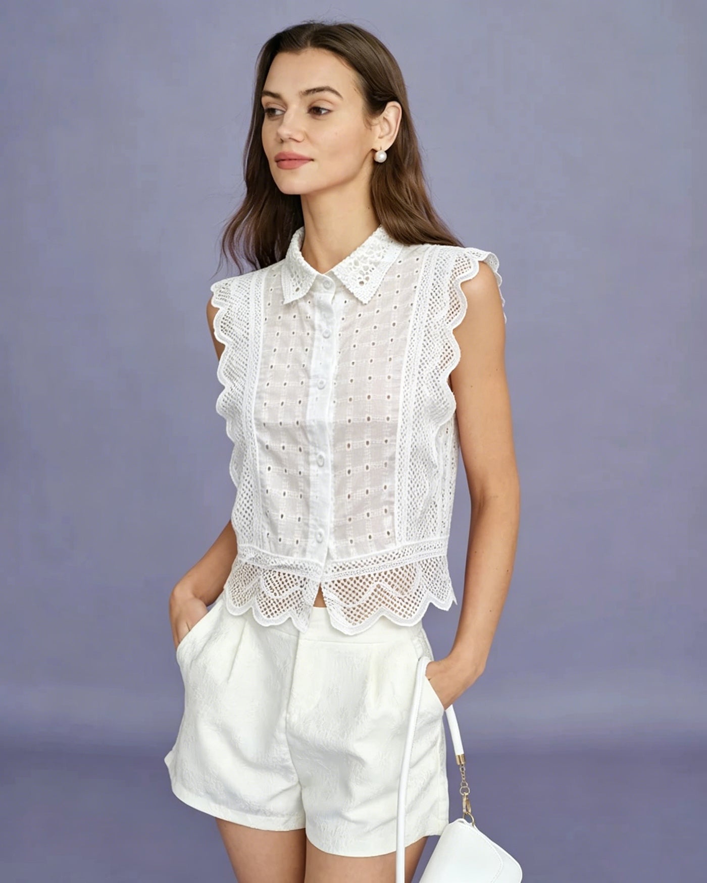 White Collar Cut Out Button Tank Top