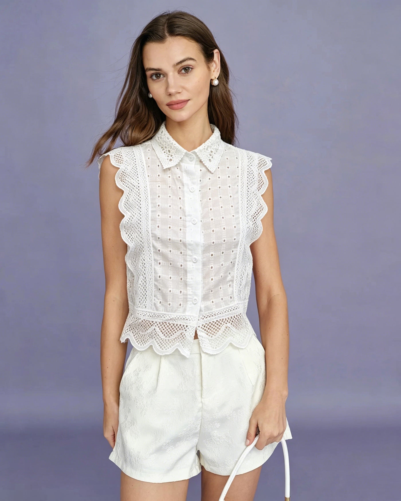White Collar Cut Out Button Tank Top