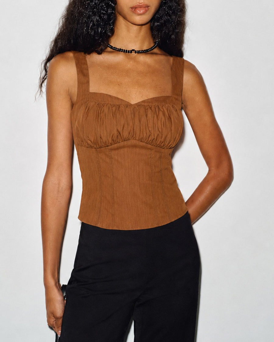 Brown Ruched Shirred Cami Top
