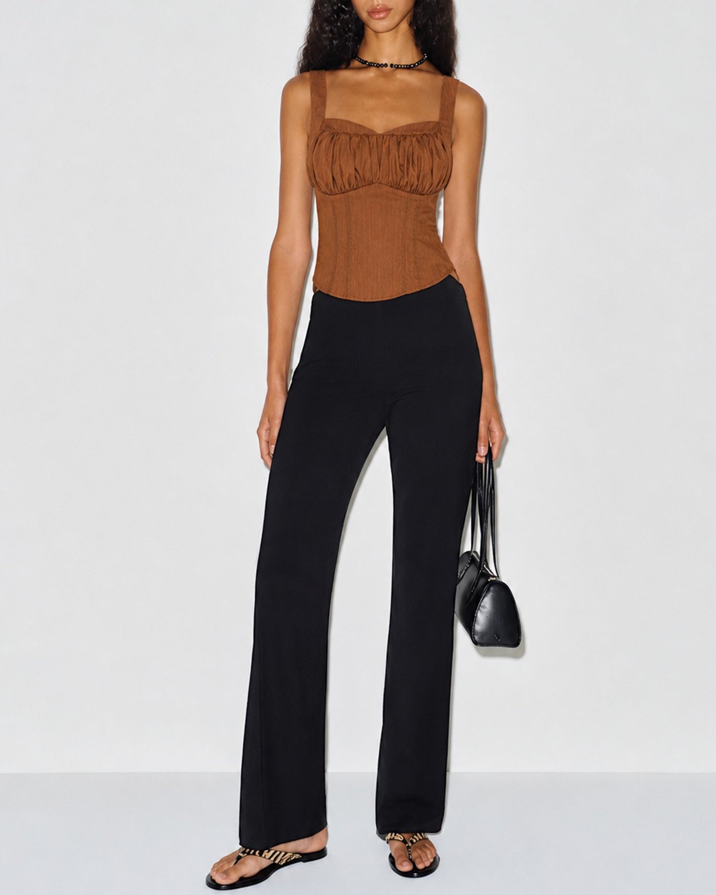 Brown Ruched Shirred Cami Top