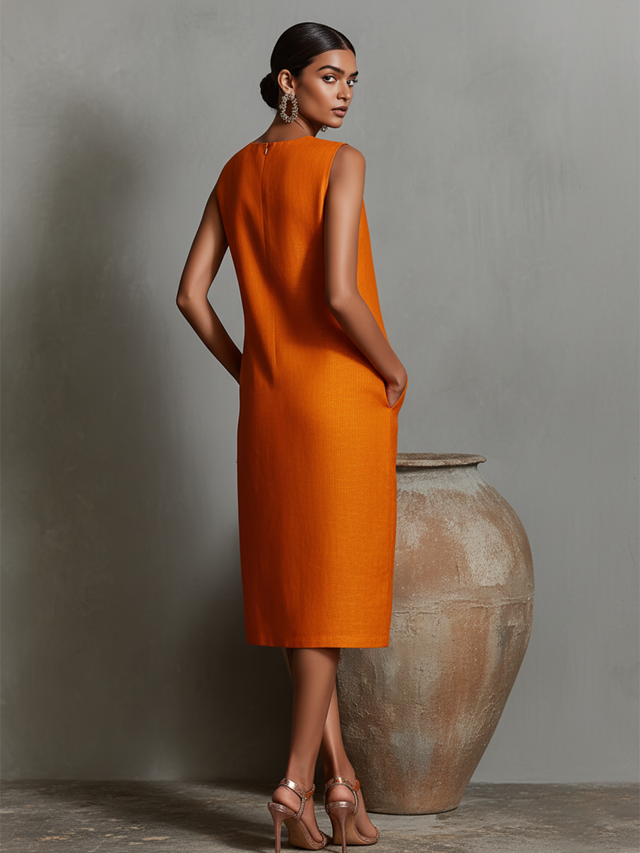 Orange Shift Dress, Timeless Minimalist-Elegant Style Dress MDZ2851C7I